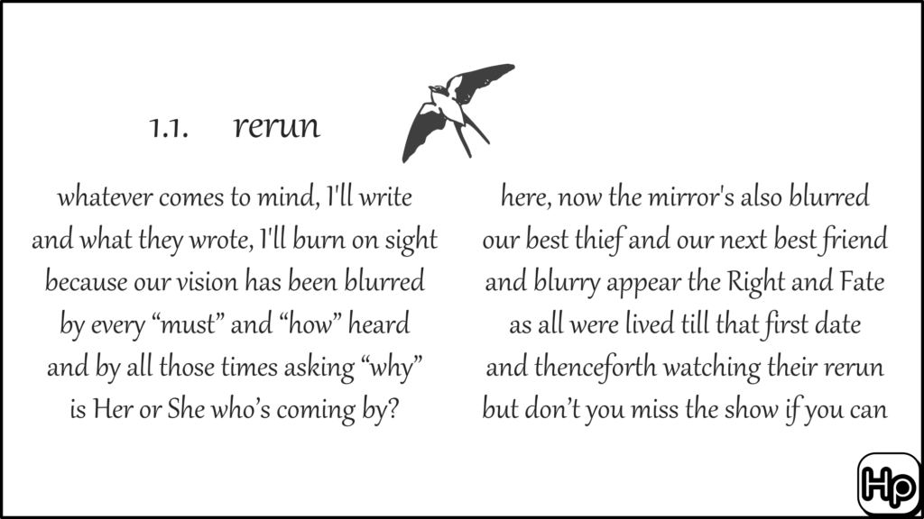 Poem with title "rerun" from the English translation of the Greek poetry collection about Love titled "stages of unrequited Love"